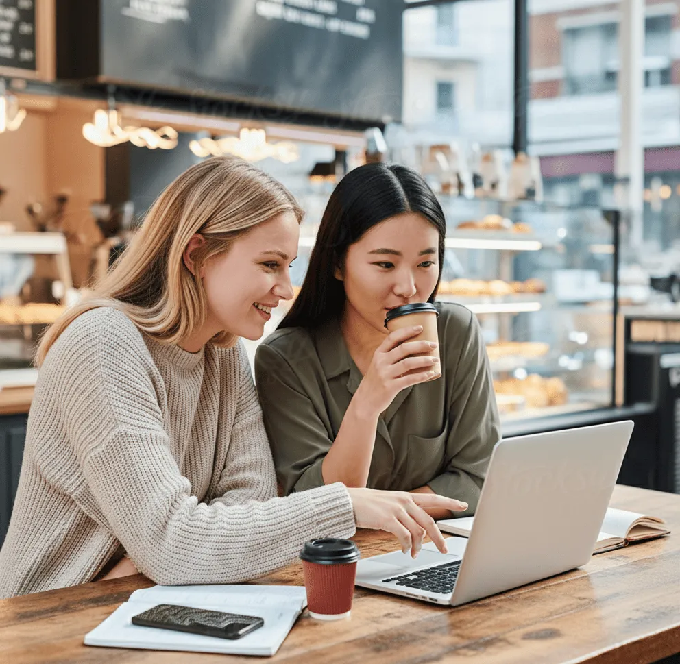 白人女性とアジア女性がコーヒーを飲みながら、二人でパソコン作業をしている画像