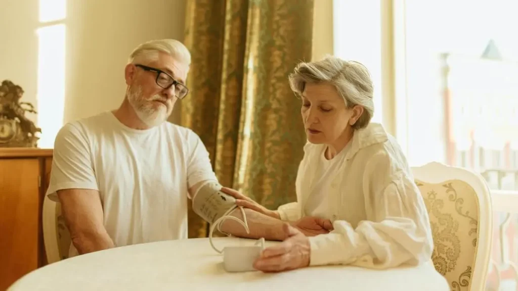 高齢者夫婦が二人で血圧を測定している画像