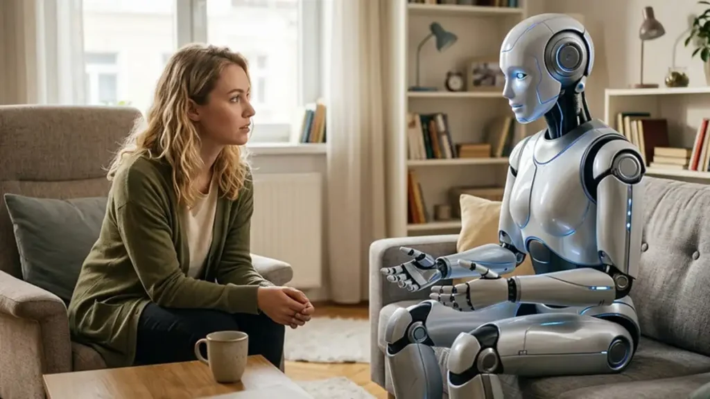 白人女性がリビングでロボット（AIイメージ）に悩み相談をしている画像