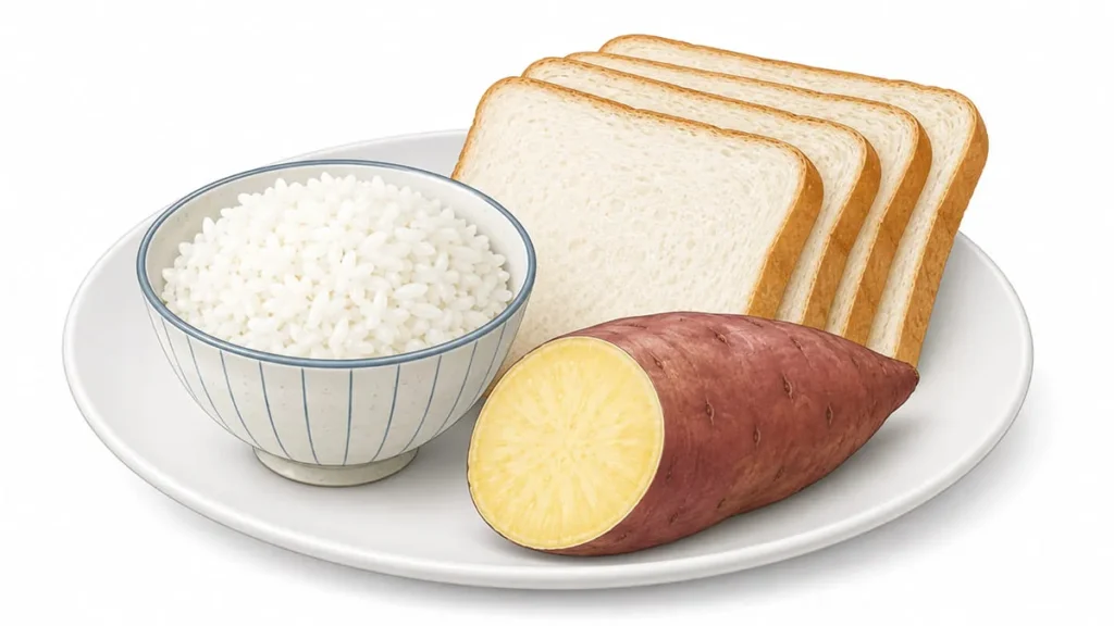 お茶碗に盛られた白米、一斤からスライスされた食パン、生のサツマイモ(カットされた断面)のフラットイメージ