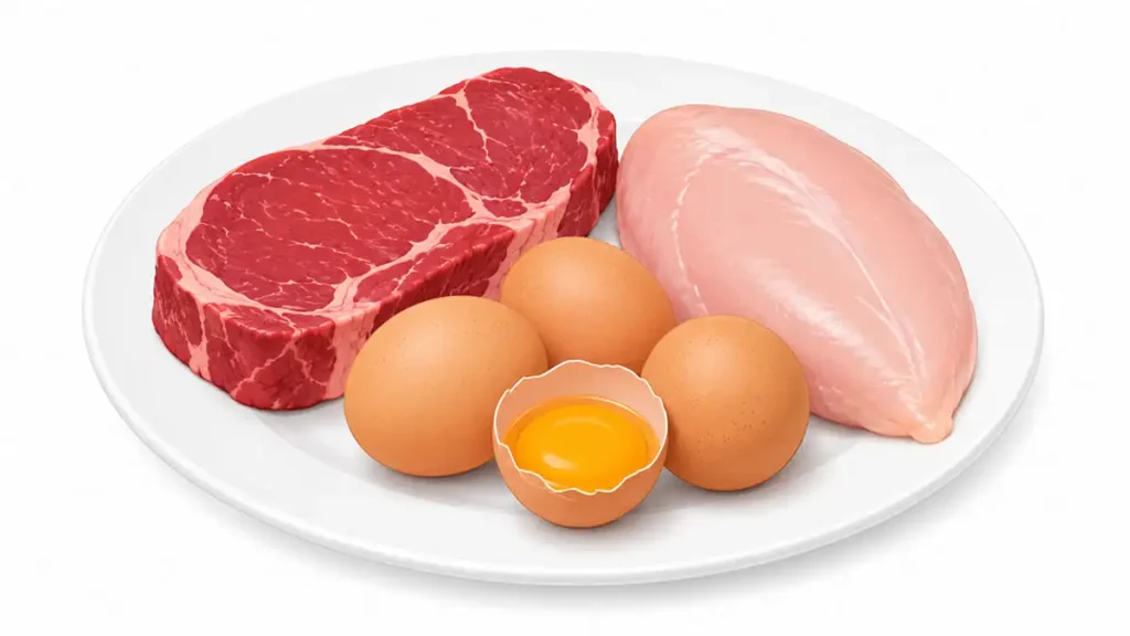 生の赤身肉、生卵(殻付きと中身)、生の鶏胸肉のフラットイメージ