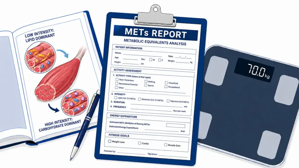 身体活動強度(METs)のチェックシート、体重計、クロスオーバー概念のフラットイラスト