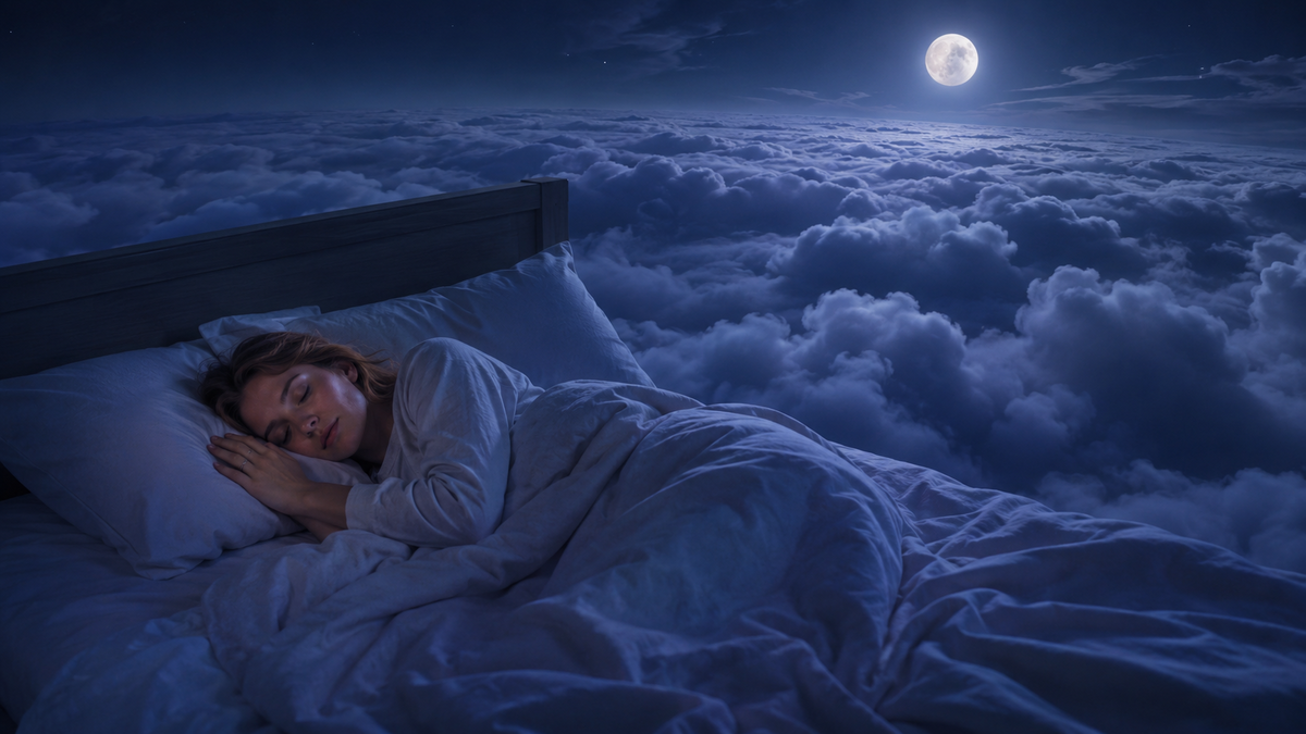 夜空の雲の上のベッドで、女性が寝ている様子